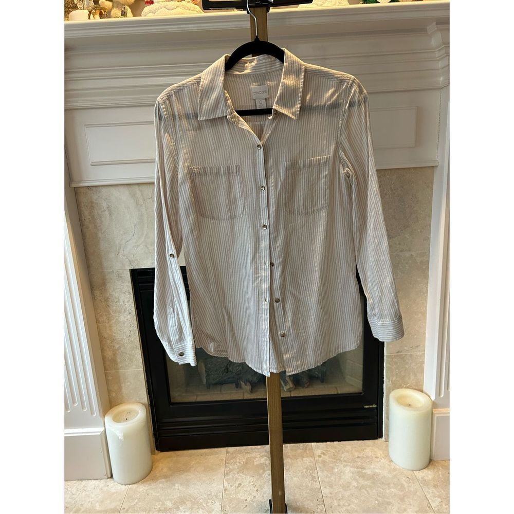Chico’s Women’s Cream and Gold Striped Collared Bottom Up Long Sleeve Shirt Size - Picture 1 of 8